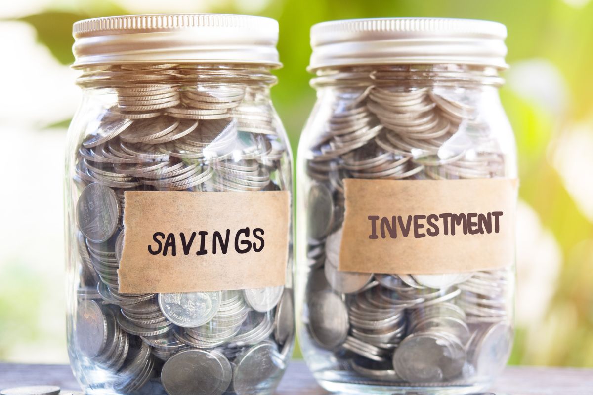 The image shows jars with saving investment money.