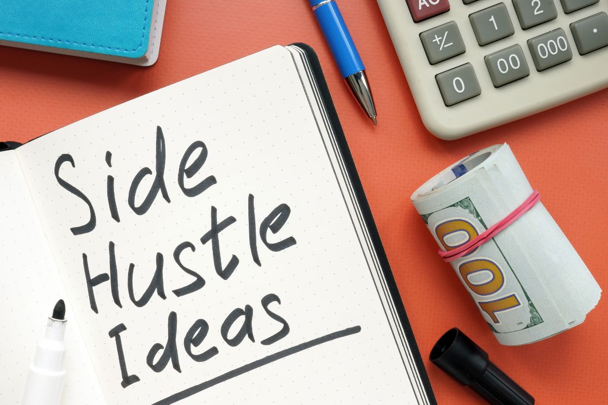 Photo of a notebook with side hustle ideas written.