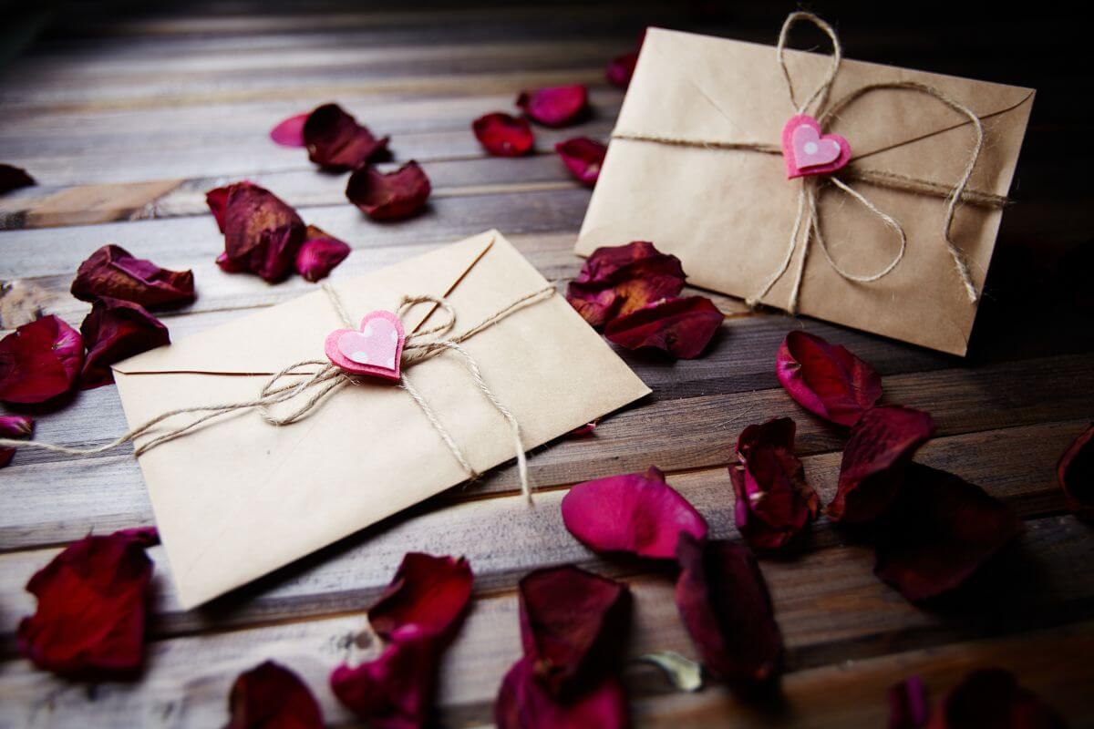 The image tells about rose petals and envelopes with hearts which means to write and exchange love letters is heartfelt, completely free, and a meaningful way to connect and remind each other of what you love most.