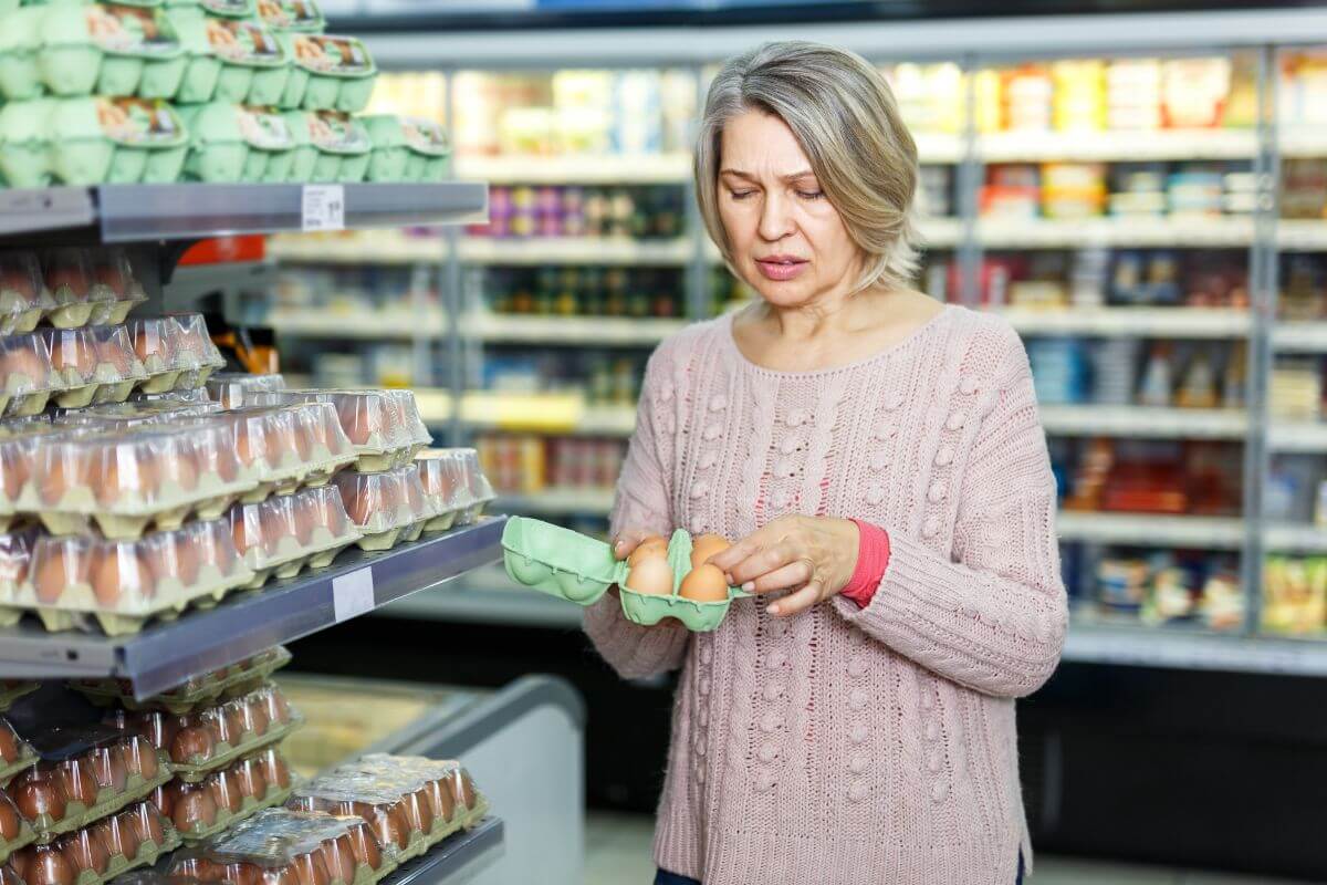 The image shows a girl checking the eggs at the store which means the price of eggs has shot up, making them one of the most expensive staples in the store.