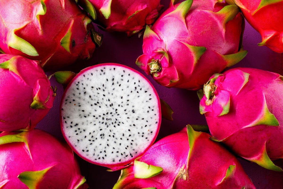The image of dragon fruits referring to imported or exotic fruits can be high cost, sticking to in-season or local produce helps cut costs.
