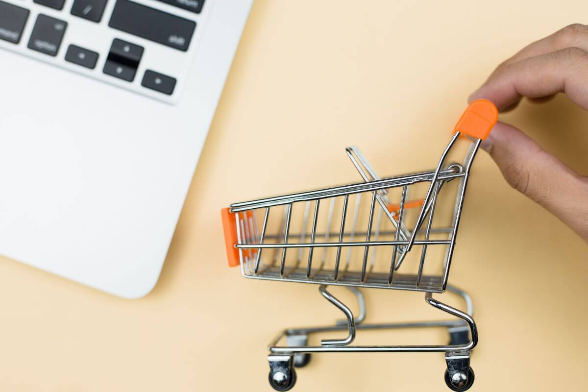 The image tells about a laptop and a girl's hand holding a mini cart referring to finding more items you should not waste your money on and simple alternatives can help stretch your budget without sacrificing quality.