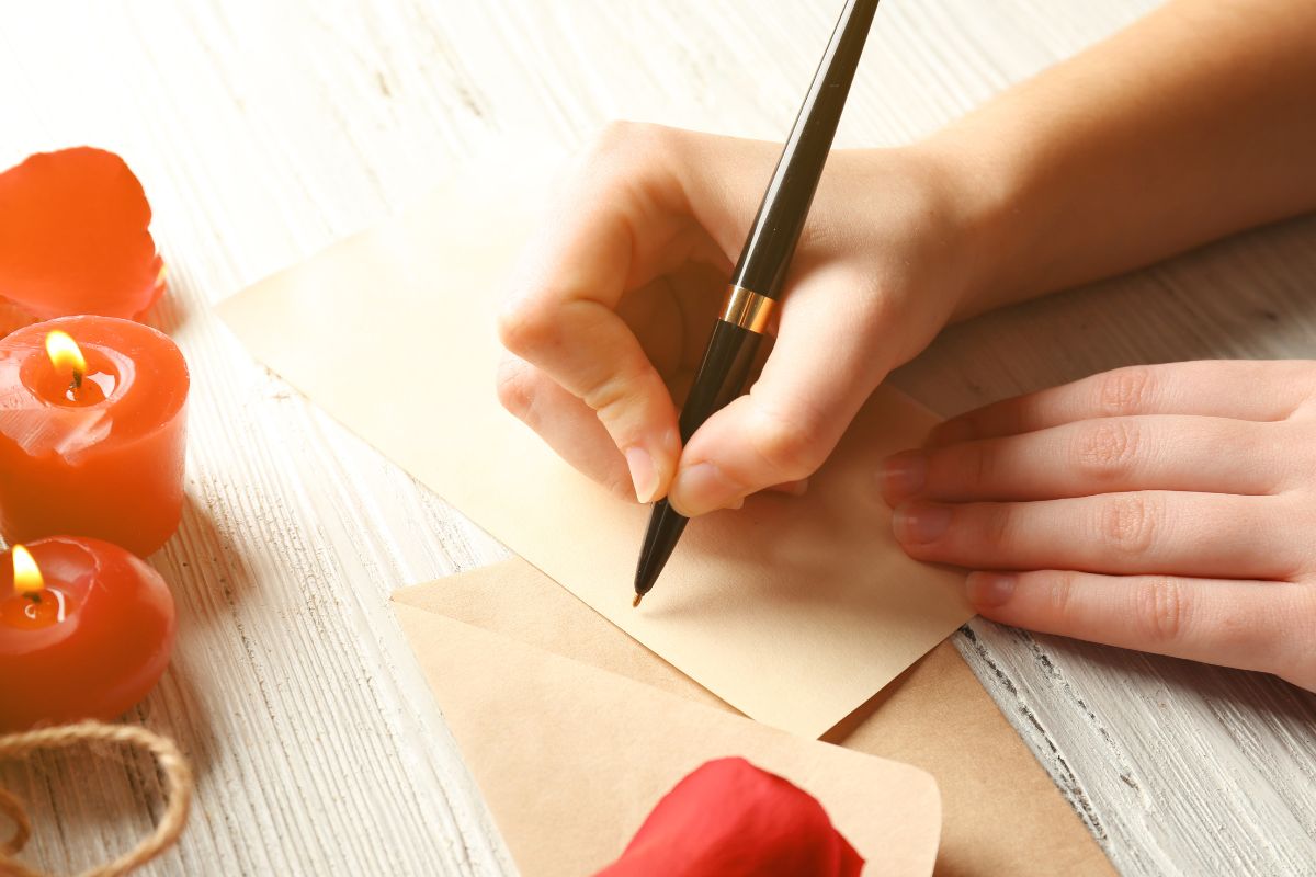 The photo shows a woman writing a letter.