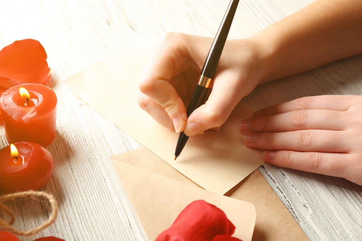 The image shows candles, roses, an envelope, and a girl writing on the paper which means a handwritten love letter or poem shows real effort and thought, perfect gift for your partner.
