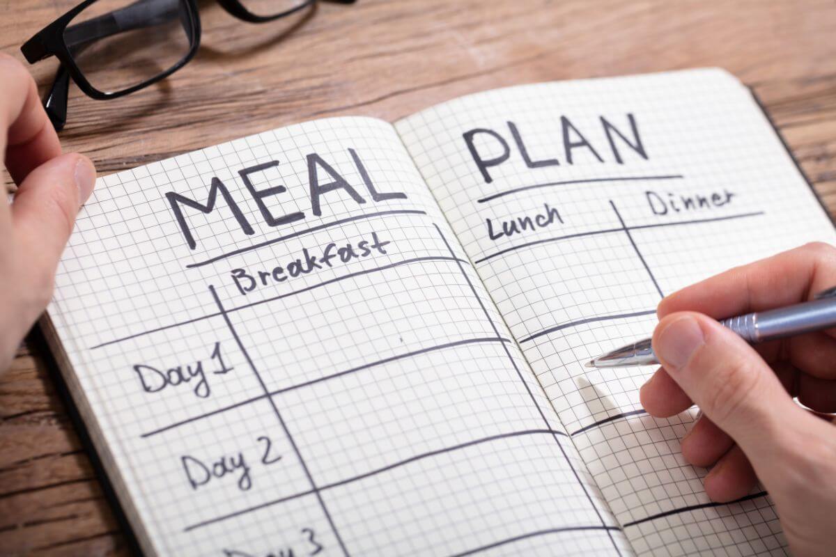 The photo of an eyeglass and a man's hand and writing on the notebook with notes means planning meals to save money on dining out helps cut costs and keeps your food budget under control.