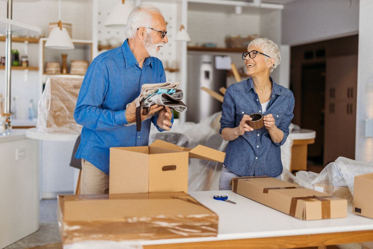 The photo shows boxes and a couple arranging things which means downsizing or relocating to a lower-cost area to save money on expenses and for retirement.