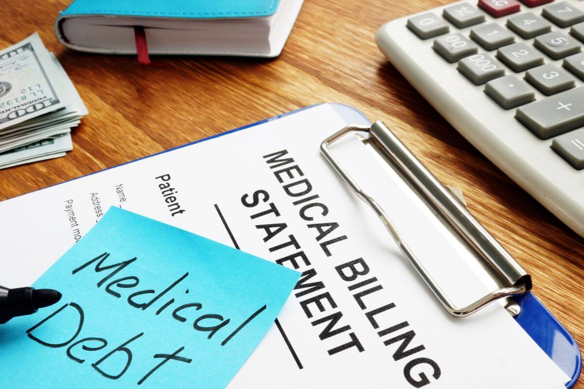 The picture shows dollar bills, a notebook, a calculator, a piece of paper with notes, and a clipboard with notes referring to a medical debt makes things even harder in retirement, paying this off can keep your finances stable.