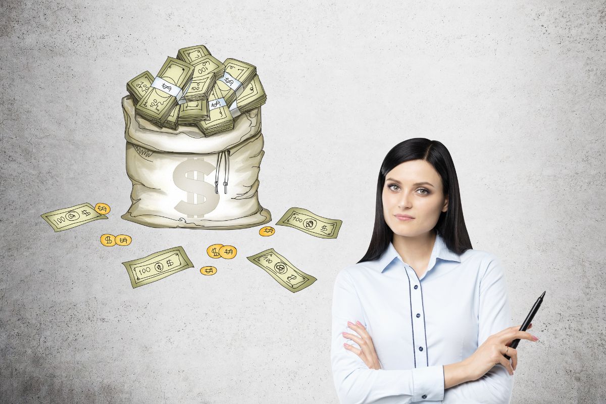 The image shows a woman learning about money.