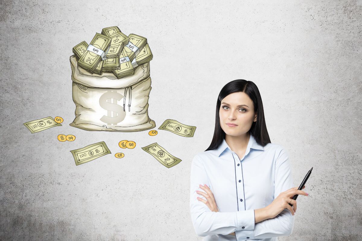 The picture shows a girl with her pen and a graphic of money referring to learning about money as a lifelong process that gets you closer to financial confidence.