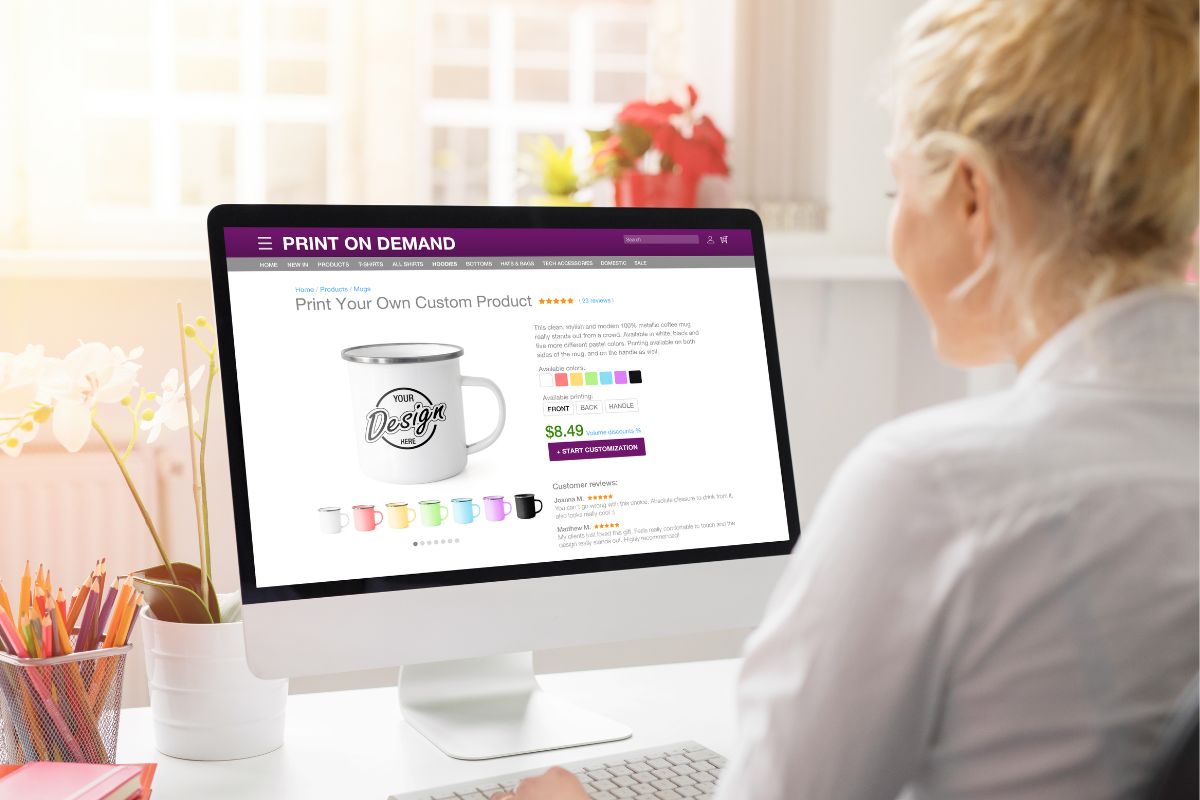 The photo shows a woman selling digital products.