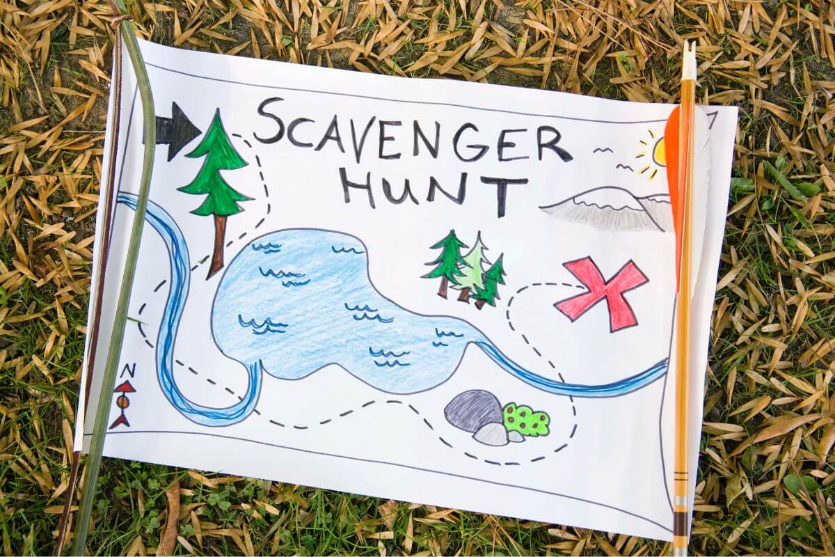 The image shows a piece of paper with notes and drawings referring to creating a scavenger hunt adds excitement to the day without spending much.