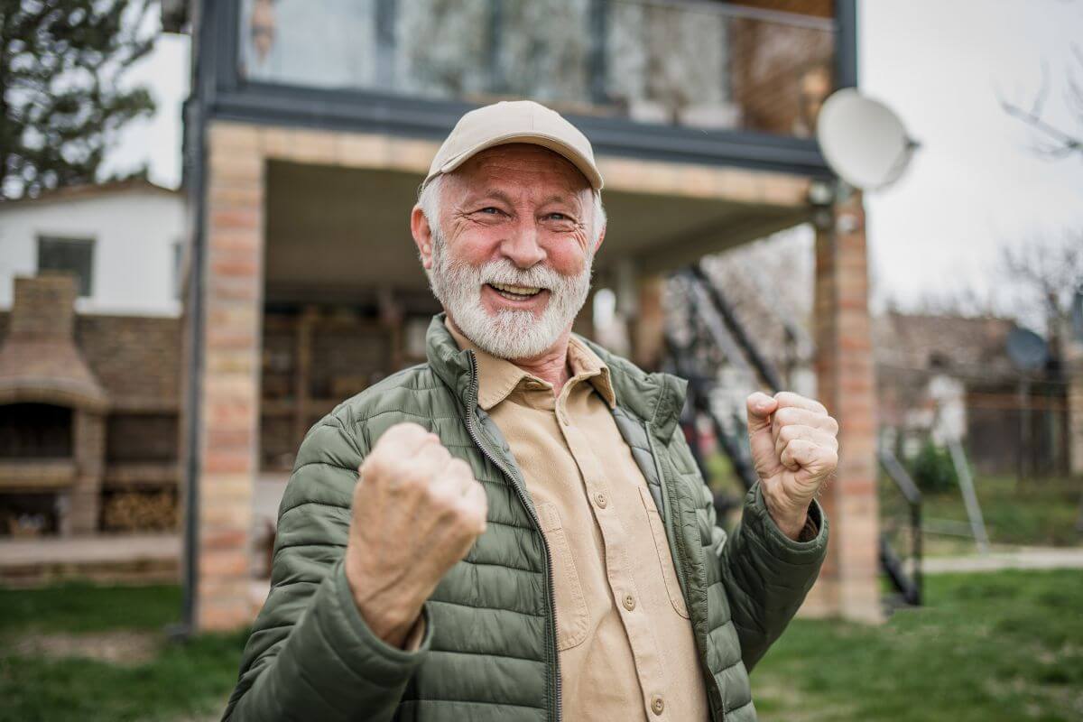 The picture shows a big house behind the happy senior man cheering referring to avoiding poverty in retirement can make a big difference over time.