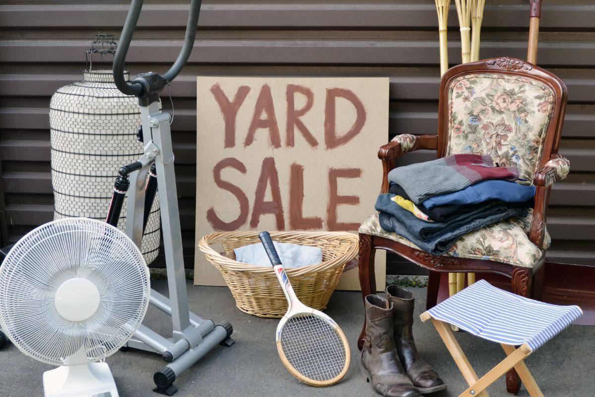 The picture of chairs, boots, electric fans, and more of house stuff with a board of notes which means sell what you don't use and put the money into savings for retirement.