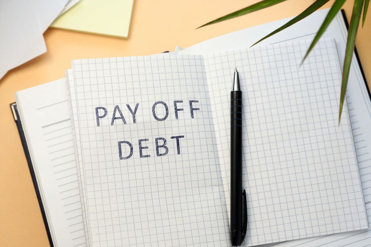 The image shows a  pen and notebooks with notes on the table indicating to you can pay offf debt bby payment plans, debt settlement, and balabce transfer can all help.