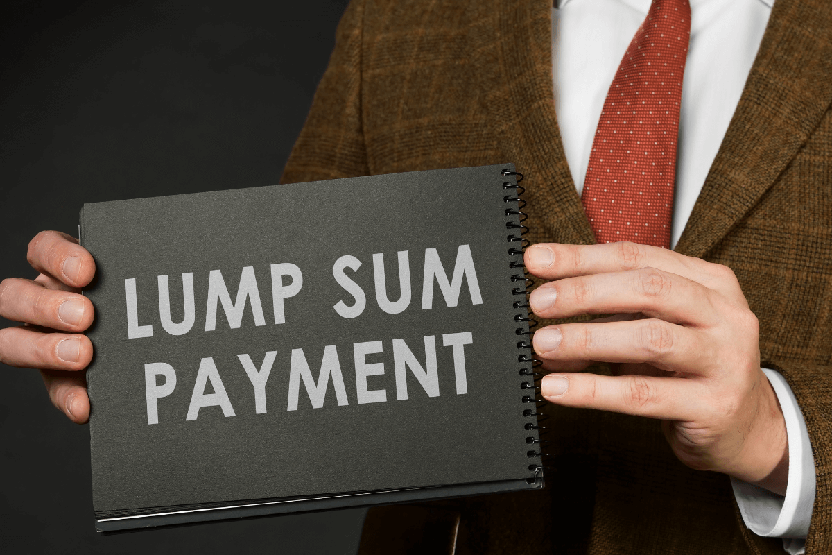 The picture tells about a man in a suit holding a black notebook with notes referring to offering a lump-sum settlement that can save money and end the debt faster.