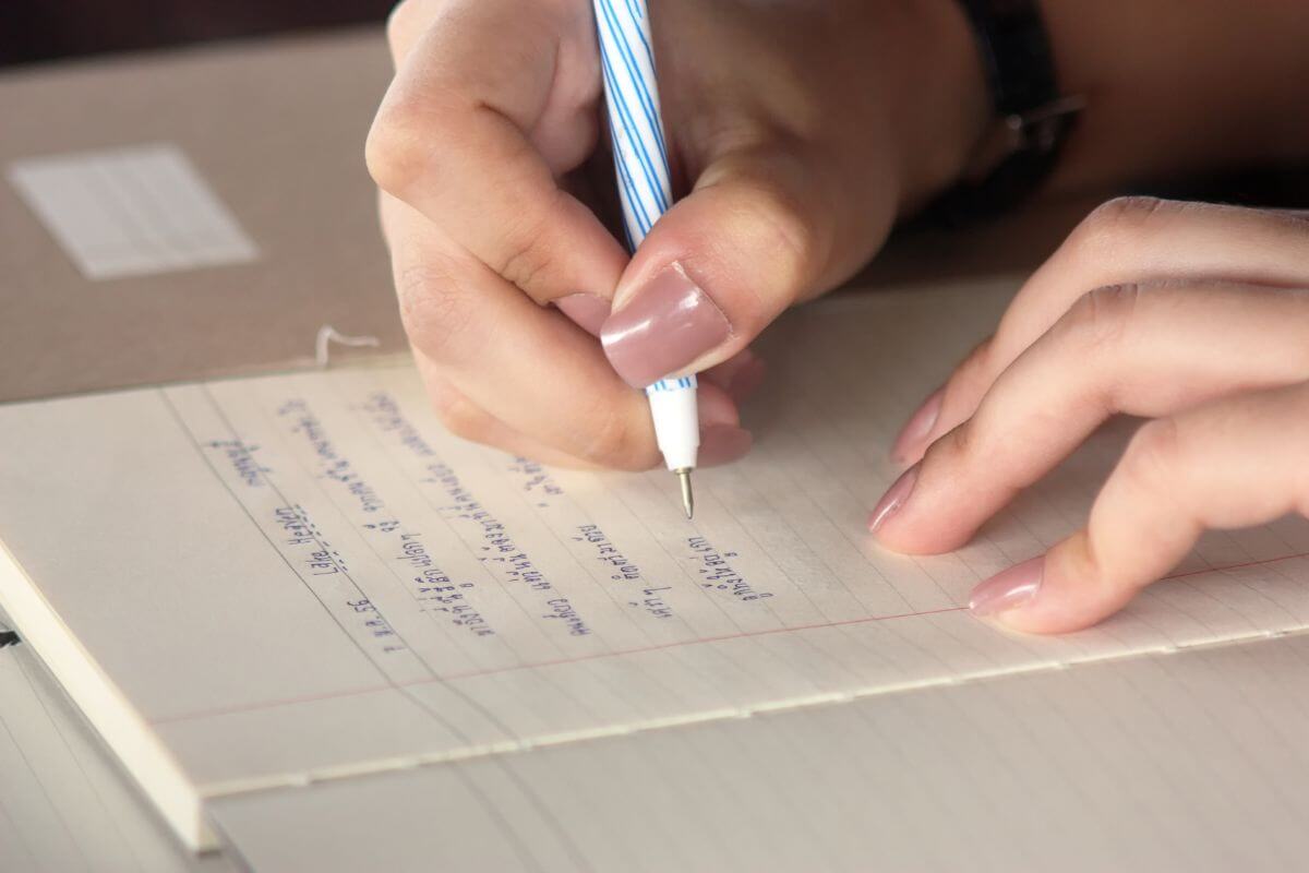 The photo tells about a girl's hand writing a letter in the notebook which means writing letters when negotiating with creditors that can lead to a better deal.