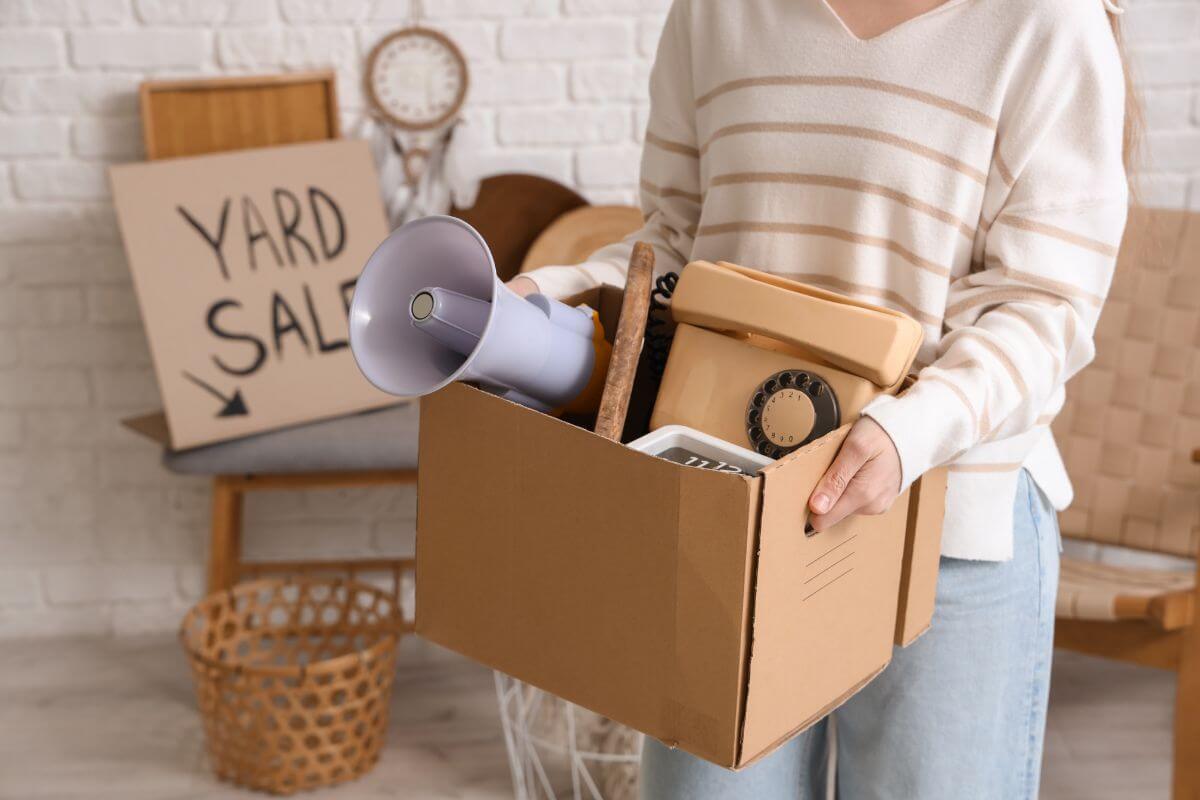 The photo shows a girl carrying a box full of stuff and a board with notes referring to flipping unwanted items to sell them and putting that money toward savings.