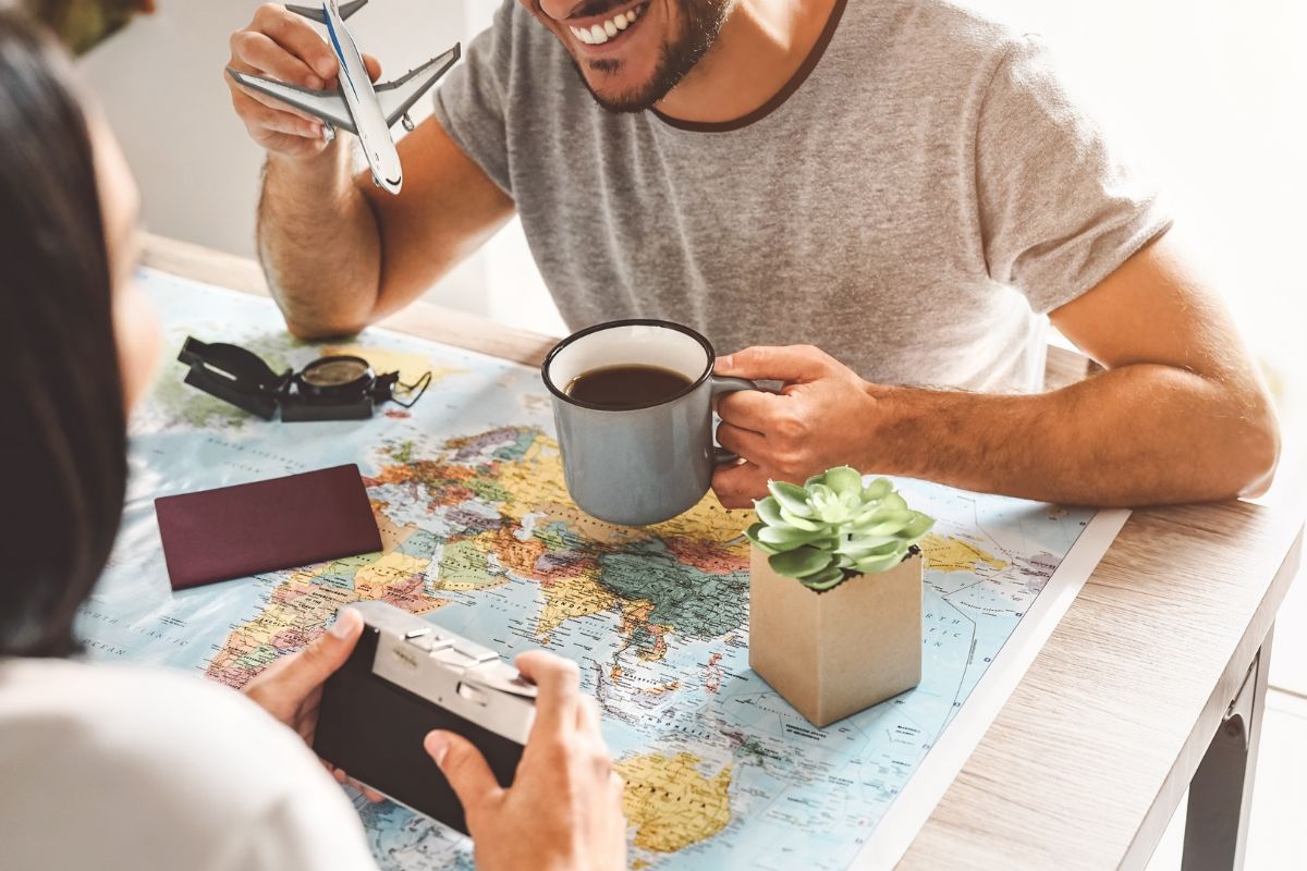 The picture shows a couple planning their major life event.
