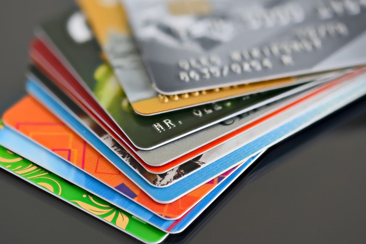 The photo shows old credit cards.