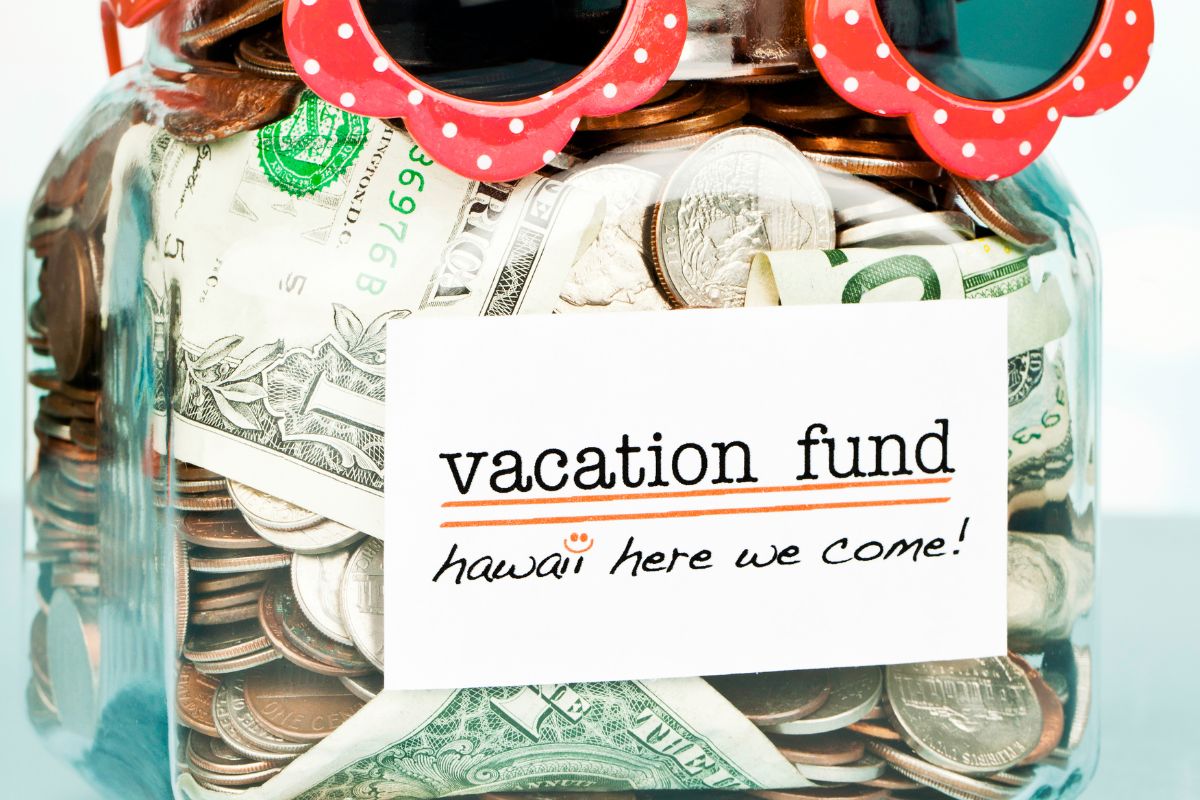 The image shows a jar with coins and dollar bills, a paper with notes, and an eyeglass referring to a plan for irregular fun expenses to set aside money for vacation so your money won't hurt and avoid financial stress later. 