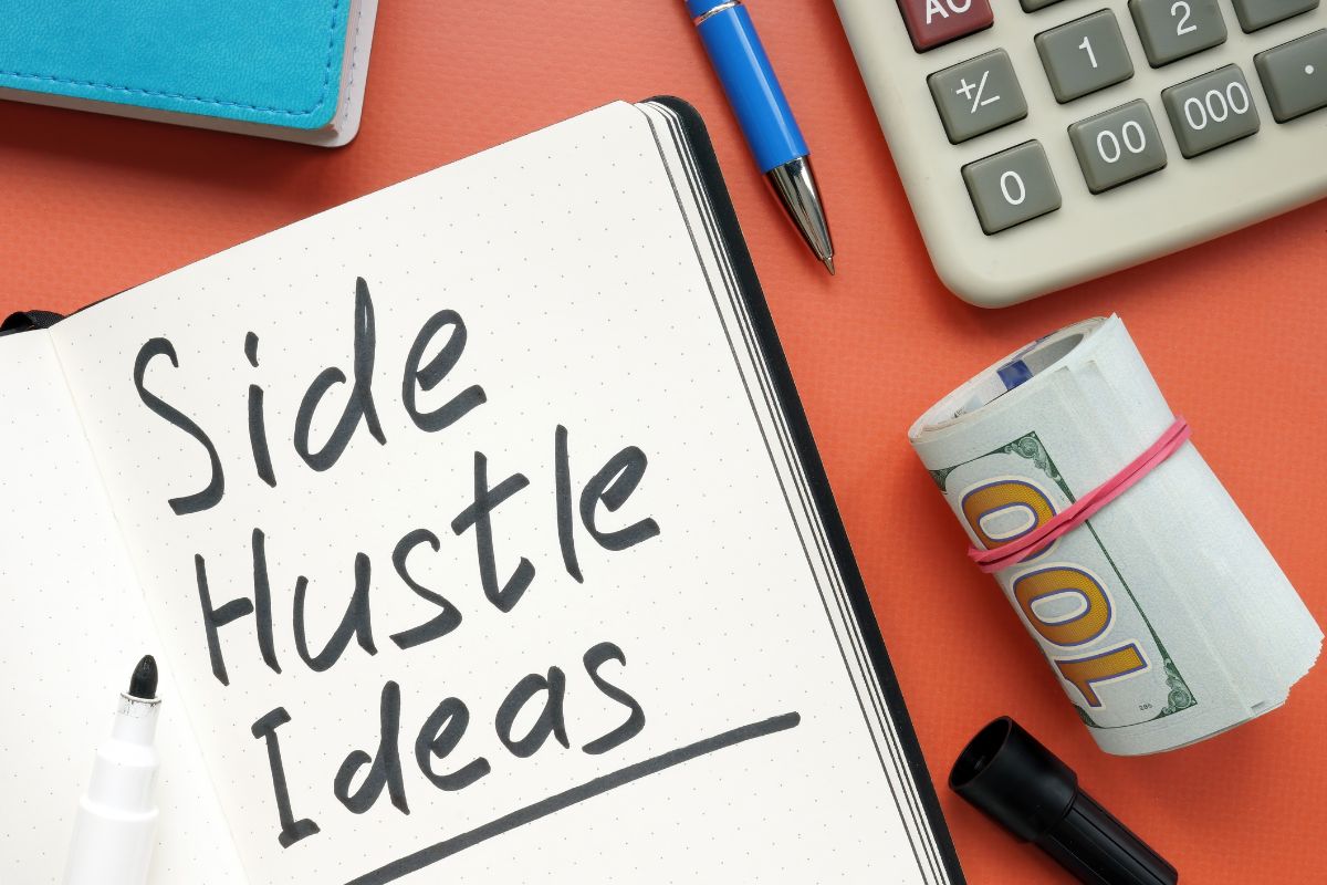 The photo shows money and a notebook with side hustle ideas written.