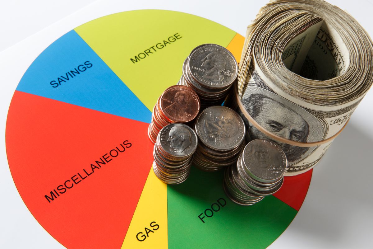 The photo tells about rolled dollar bills, coin stocks, and a color wheel with notes which means trying a color-coded budget makes it easier to track where your money goes.