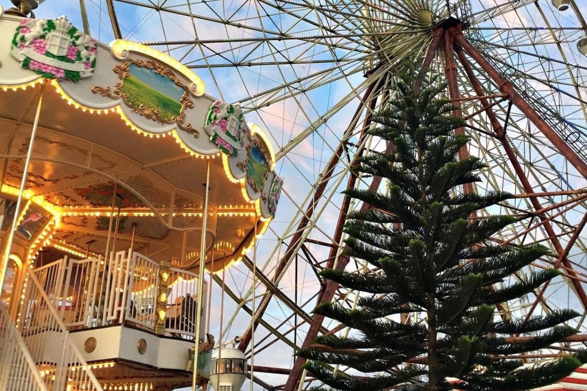 The image shows a giant Ferris wheel, a carousel, and a tree referring to an Amusement park attendant is a great part-time job for students or anyone needing extra income.