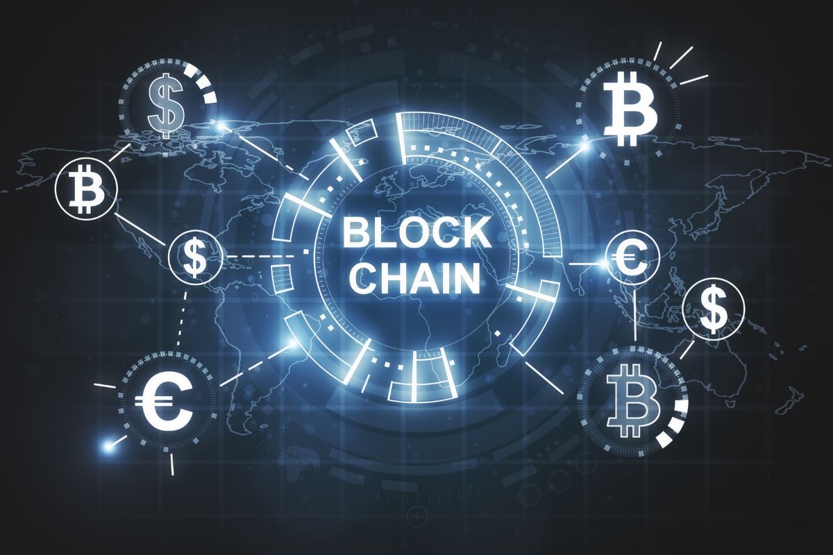 The picture shows currency icons and notes which means a blockchain and cryptocurrency allow for secure data sharing which is one of the in-demand skills and earning money.