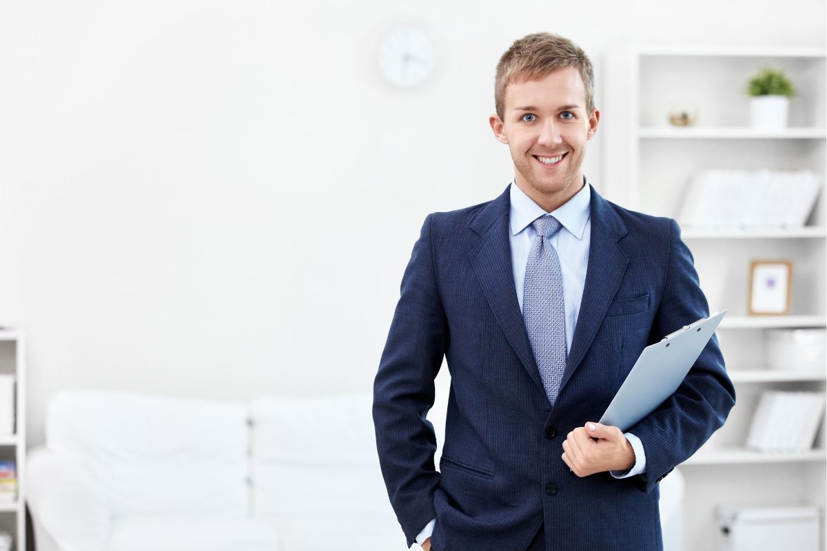 The picture shows a man working on financial consulting.