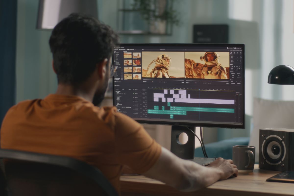 The picture shows a man using a computer while editing referring to video production and editing helps to make money by engaging content for business and social media.