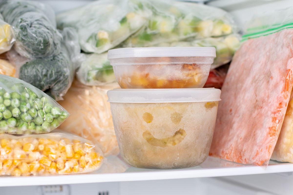 The picture of vegetables and fruits inside plastics and containers indicating to buy frozen instead of fresh when possible is an easy way to stretch your grocery budget without giving up healthy options.
