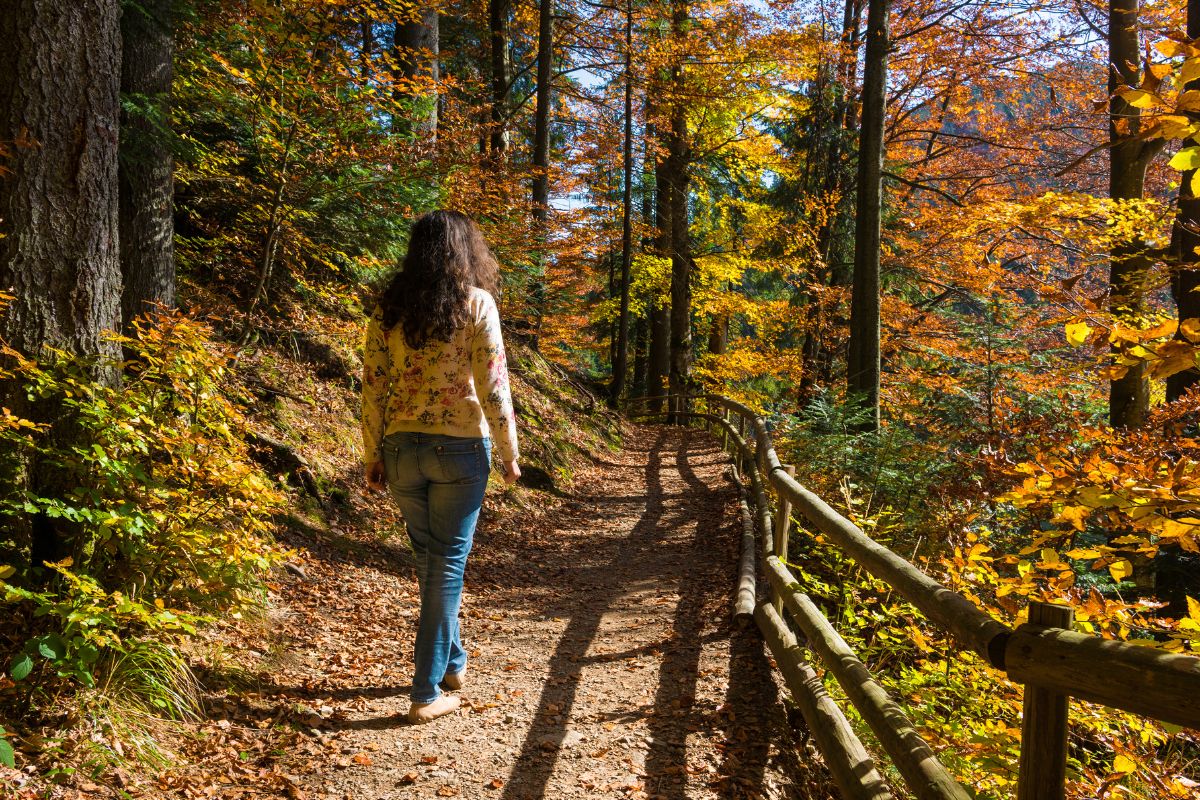 The image tells about a girl walking at the beautiful view of nature which means swapping emotional spending with an equally rewarding free activity helps you spend less without feeling deprived.