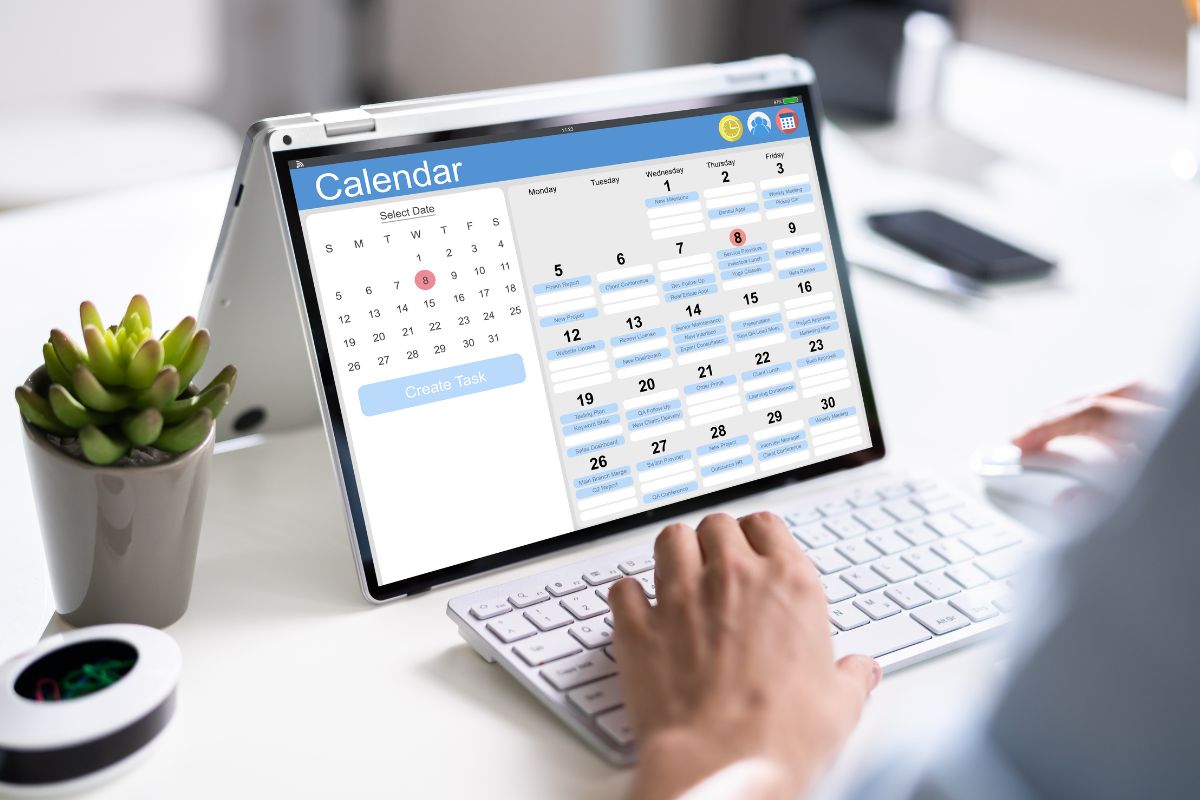 The picture shows a plant and a girl's hand using a laptop with a screen display indicating that automating progress updates helps you stay on track without extra effort.