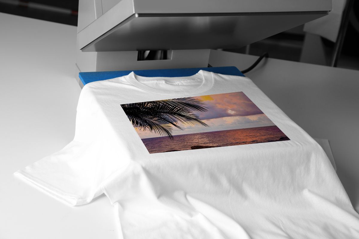 The image shows a machine printing the shirt referring to starting a print-on-demand business is a good way to make money online in your spare time and can grow into a solid income stream.