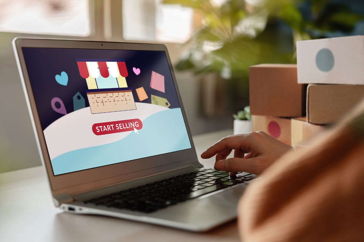 The image shows a woman doing online selling.