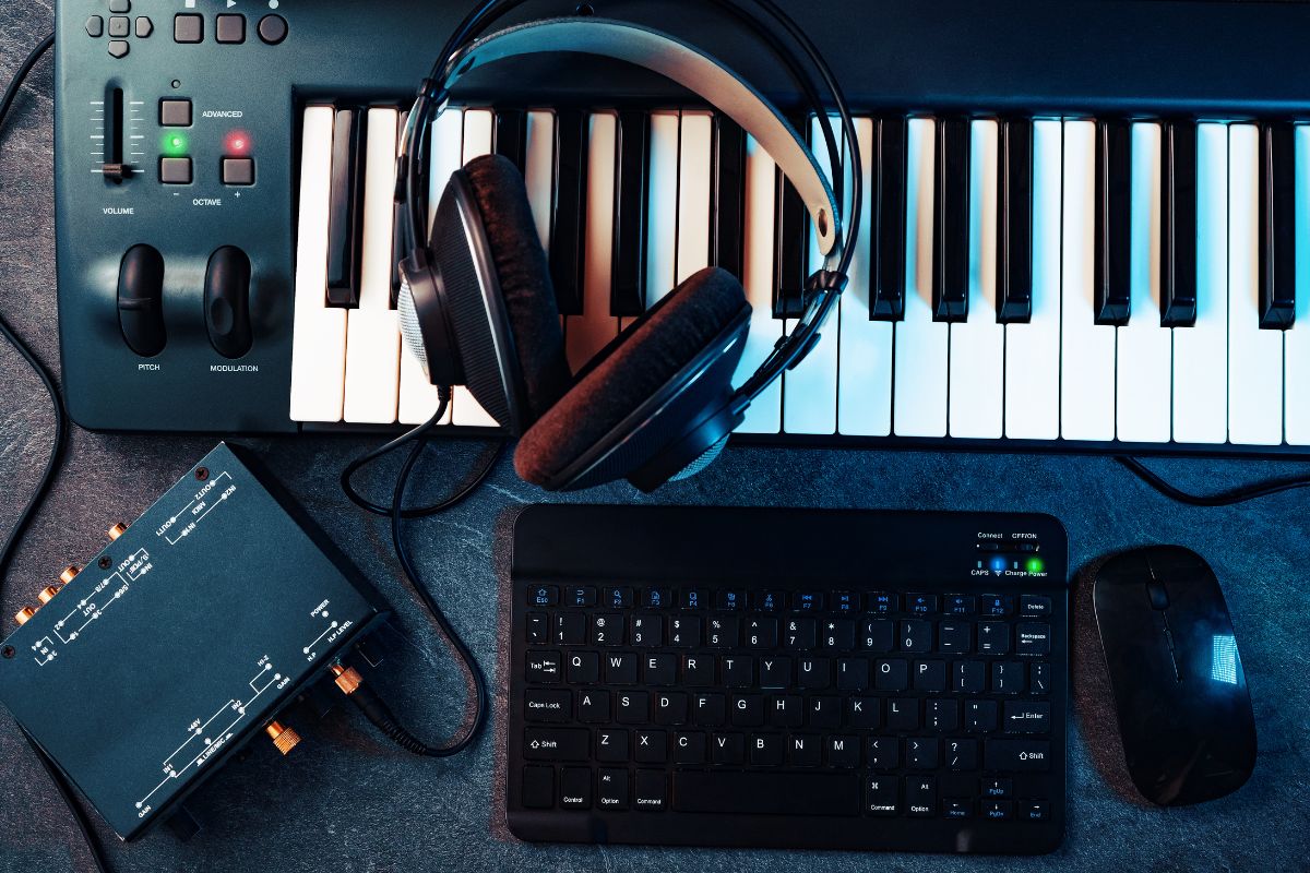 The image shows a piano, a headphone, a keyboard, and a mouse indicating that licensing your music online is a solid way to make money in your spare time.