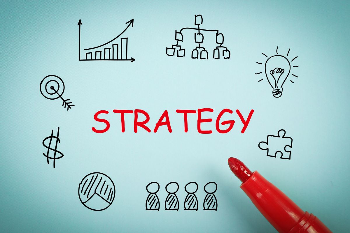 The photo shows a paper with icons and a strategy written.