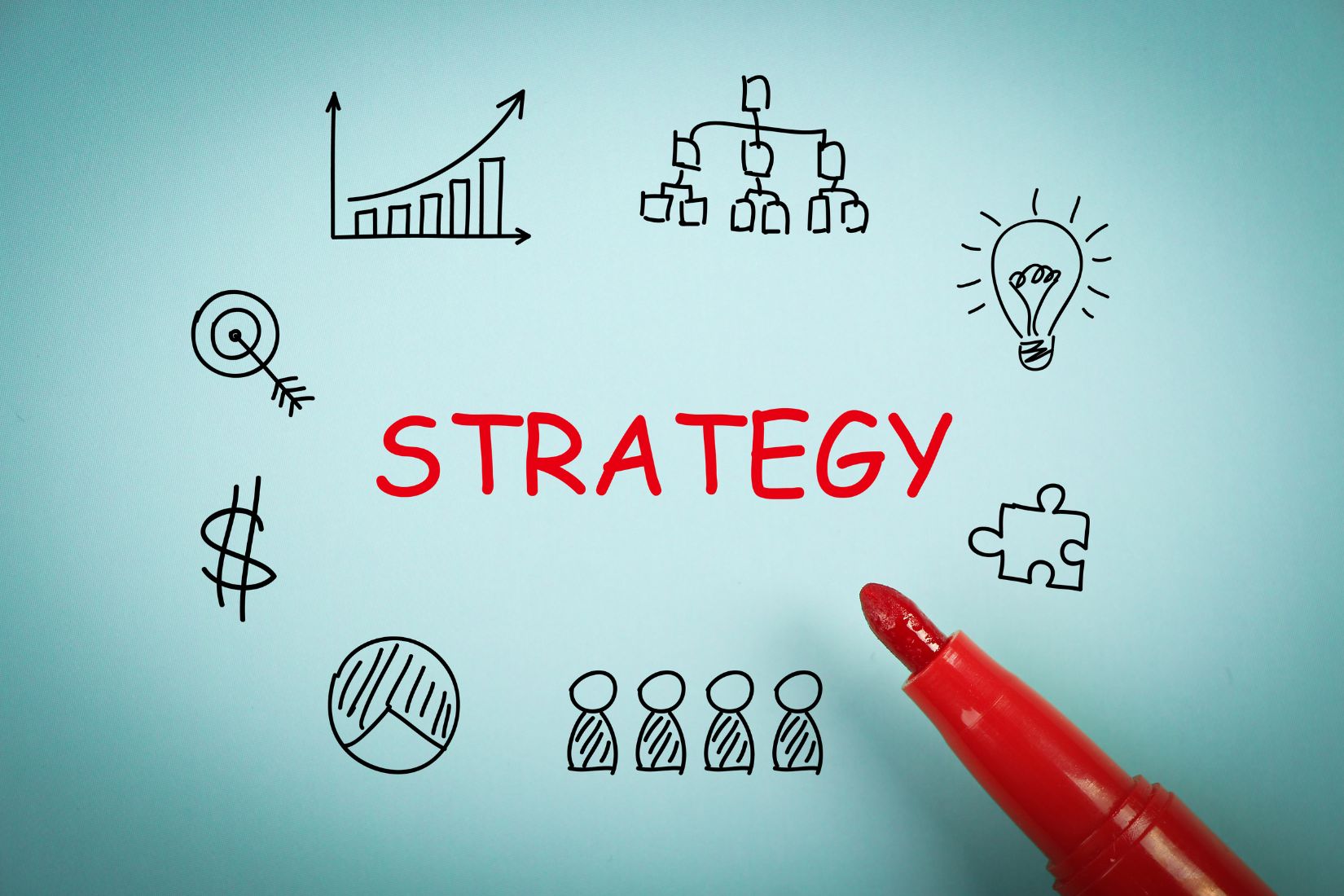 The picture tells about icons, a marker, and a note which means that choosing a payoff strategy helps you stay organized, and motivated, and makes paying off debt feel possible instead of overwhelming. 