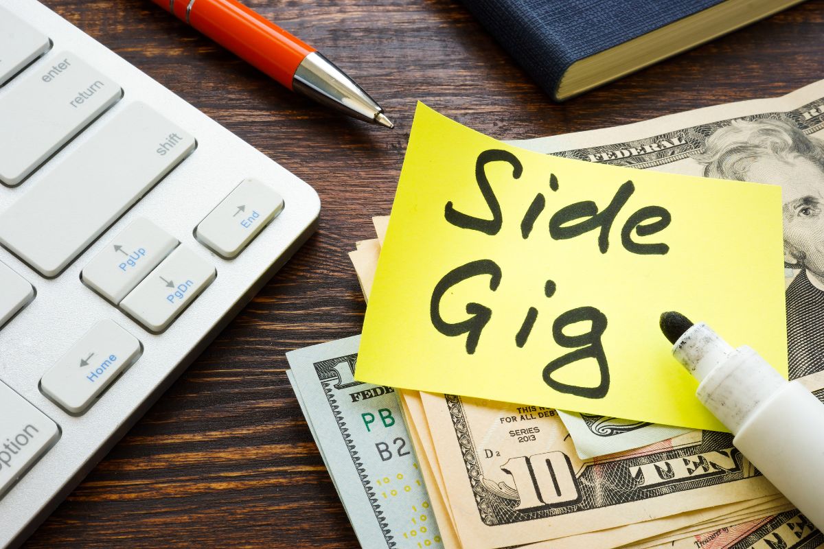 The photo shows a notebook, a pen, a keyboard, a marker, dollar bills, and a piece of paper with notes referring to how starting a debt-hustle can speed up your debt payoff and also to gain financial freedom sooner.