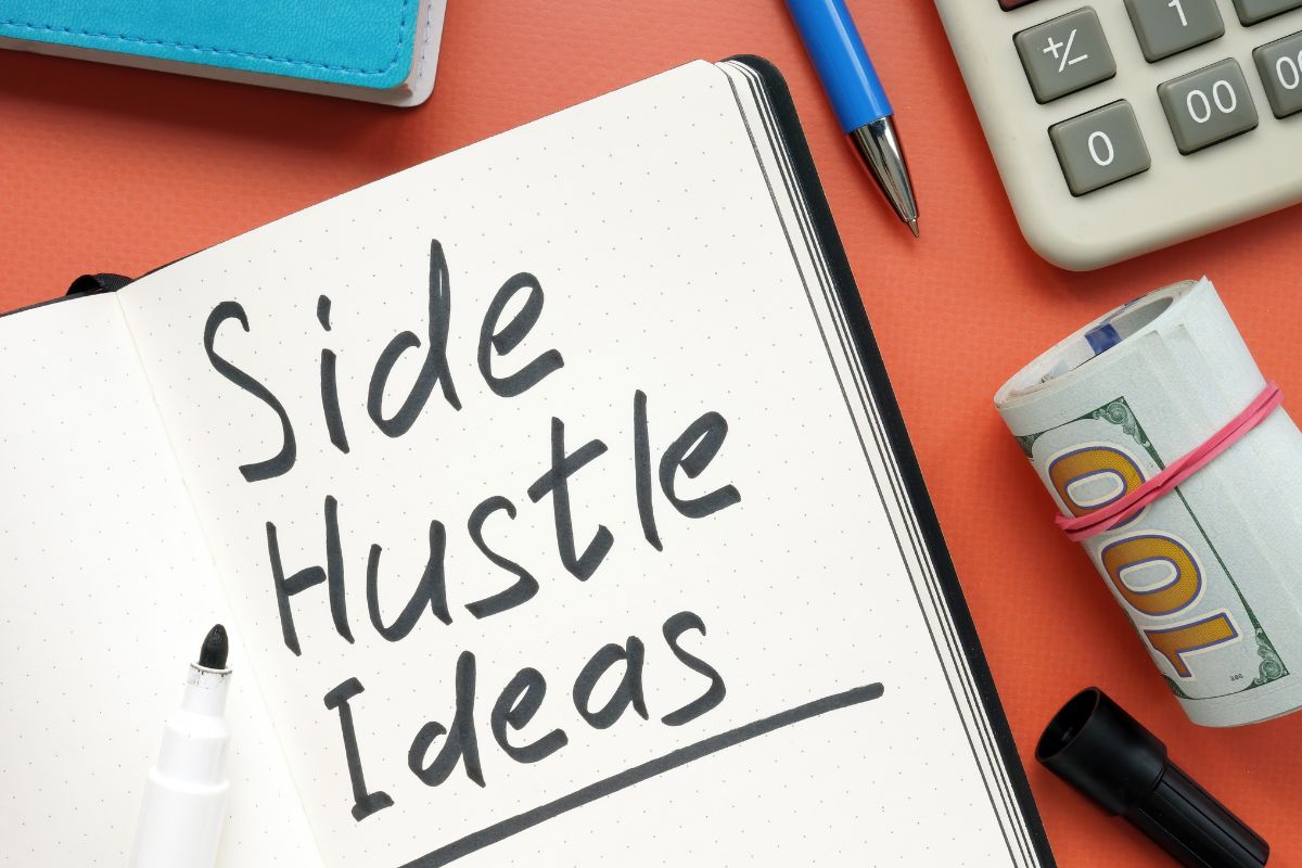 The photo shows a notebook with side hustle ideas wording.