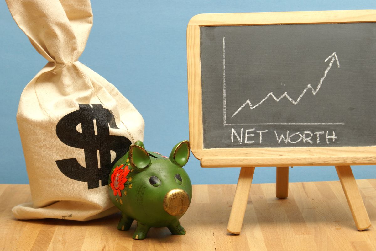 The picture shows money and a board with net worth written.