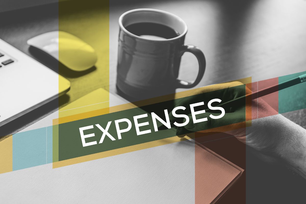 The photo tells about a laptop, a mouse, a coffee, and a man's hand and writing on the notebook with a visual note referring to categorizing your expenses makes it easier to spot problem areas and can be cut before it gets out of hand.