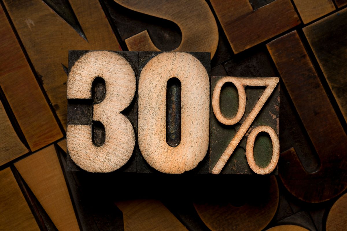 The picture tells about a wooden number and percentage indicating that 30% wants your budget can go toward things you enjoy, which helps keep fun spending in check while making sure you don't take away from savings or bills.
