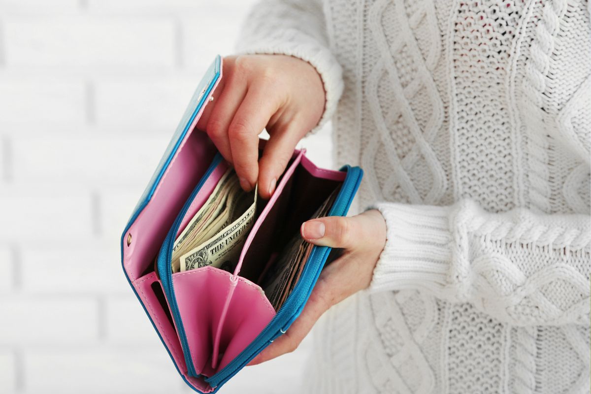 The photo tells about a girl's hand holding a wallet while putting the money inside which means the meaning of a no-spend month and how it will help your finances.