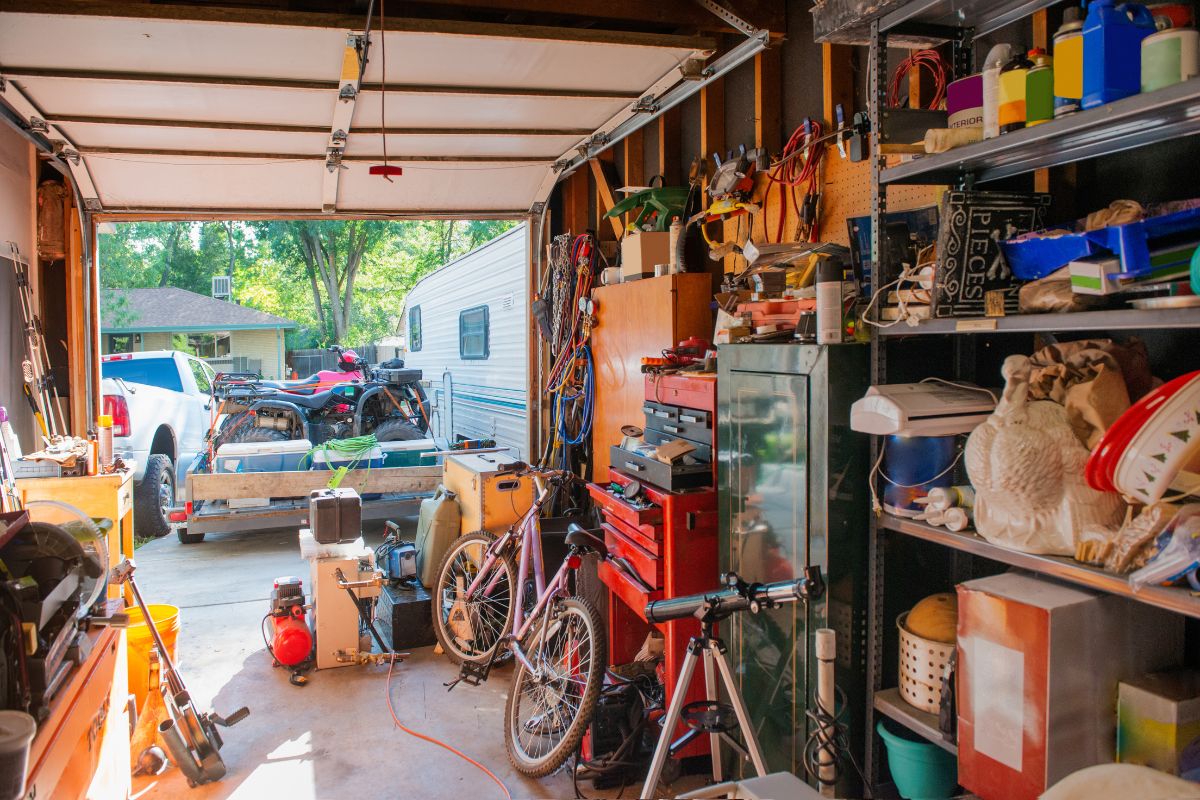 The image tells about the stuff inside a storage room referring to only shop your home helps break the habit of always needing more.