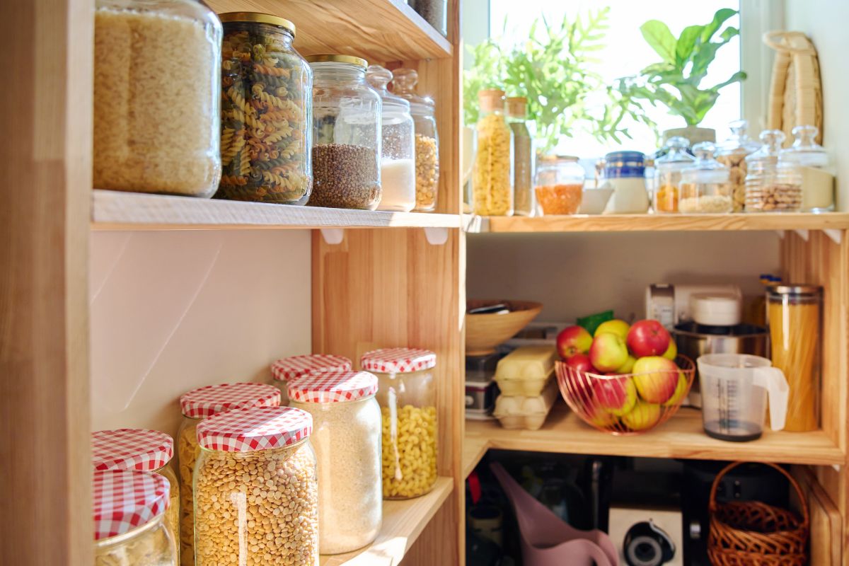 The picture shows containers with ingredients, spices, fruits, and other stuff in the corner referring to trying a pantry challenge which is a good way to stretch meals and make do with what's available.