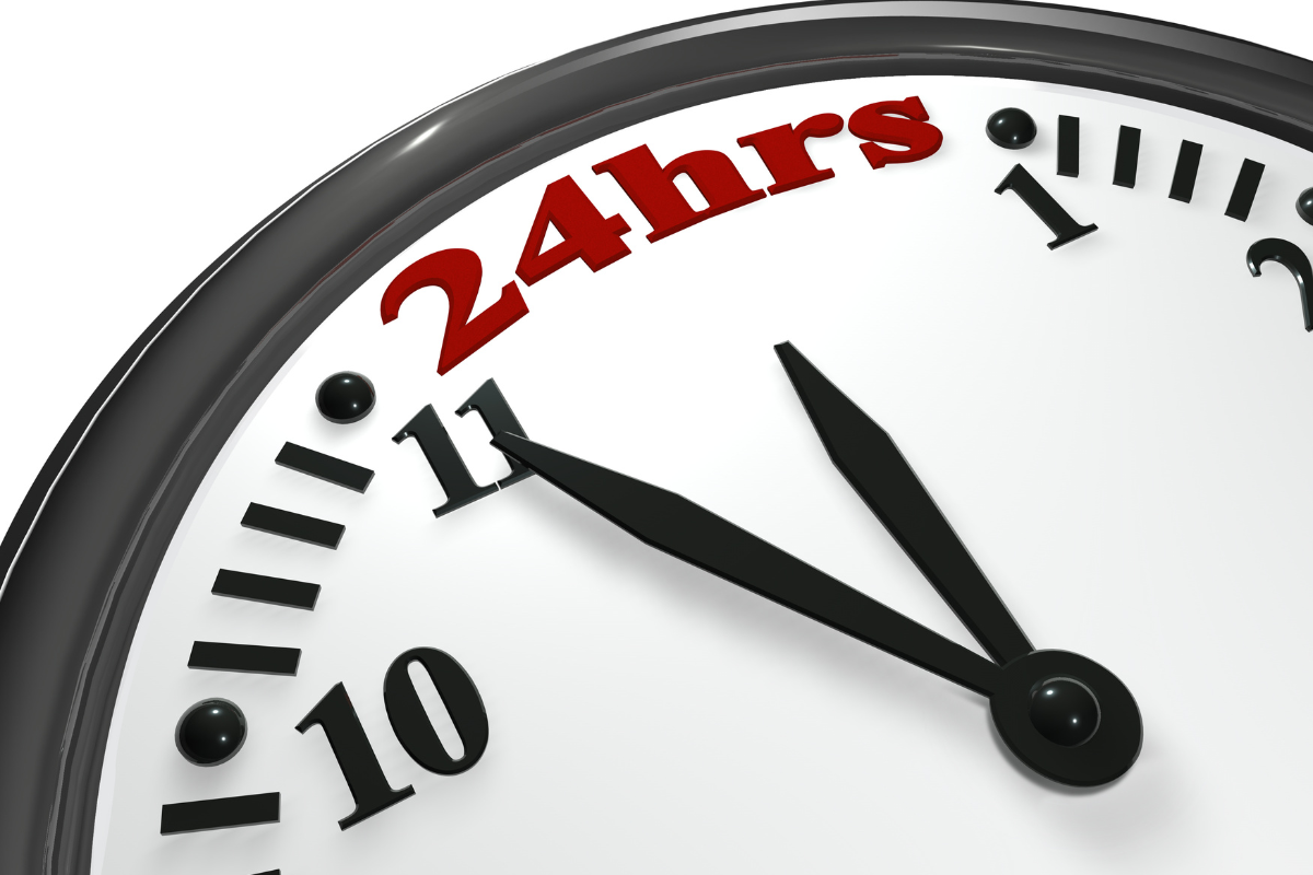 The image shows a clock with a note indicating to use the 24-hour rule before repurchasing non-essentials helps you save money and stick to your budget.
