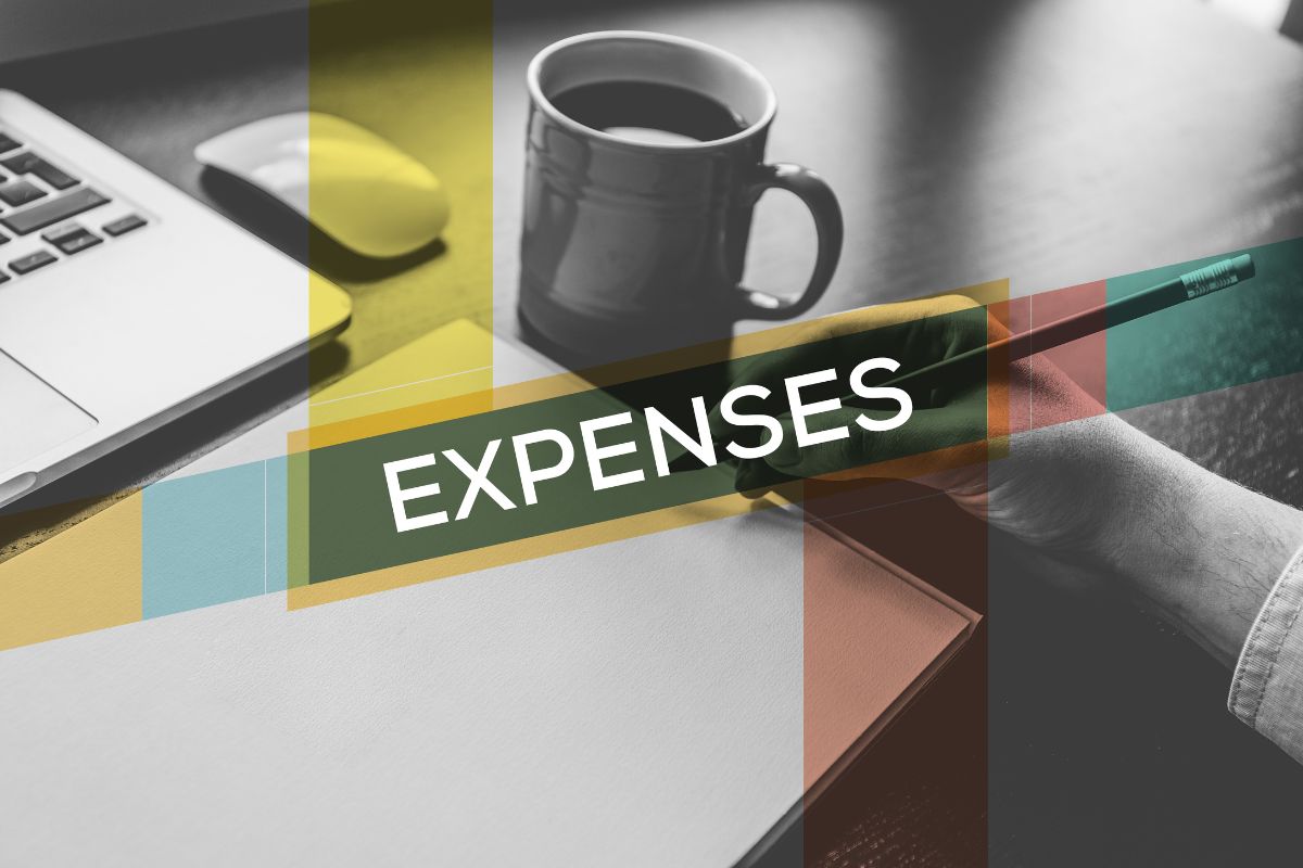 The photo shows a laptop, a mouse, a coffee, and a man holding a pen and writing on the paper with a visual text indicating that tracking your expenses daily helps you spot wasteful spending and make better choices.