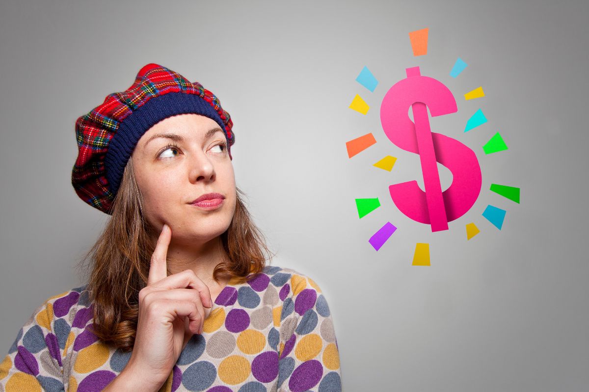 The image tells about a dollar bill sign and a girl thinking referring to the focus on money affirmations helps shift your focus toward smart financial choices.