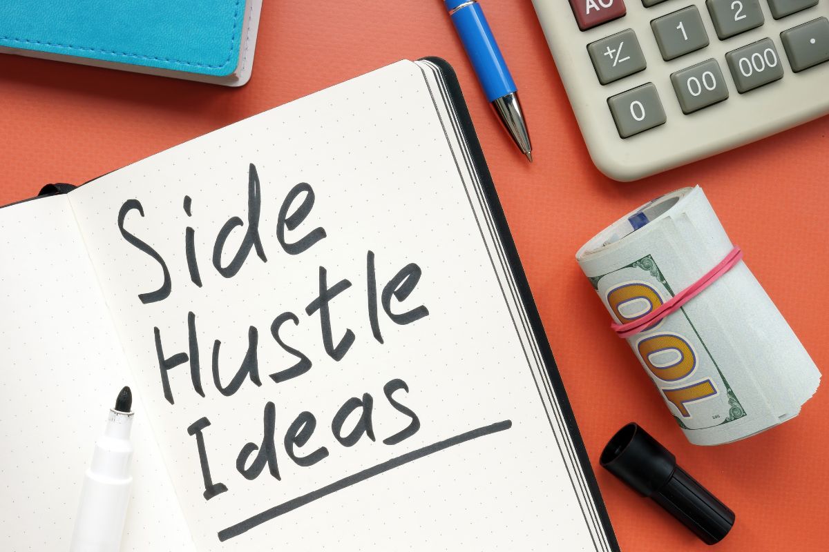 The image tells about a calculator, a notebook, a pen, rolled dollar bills, and a notebook with notes which refers to increasing your income through side hustle and can go toward savings that can reach financial freedom faster.
